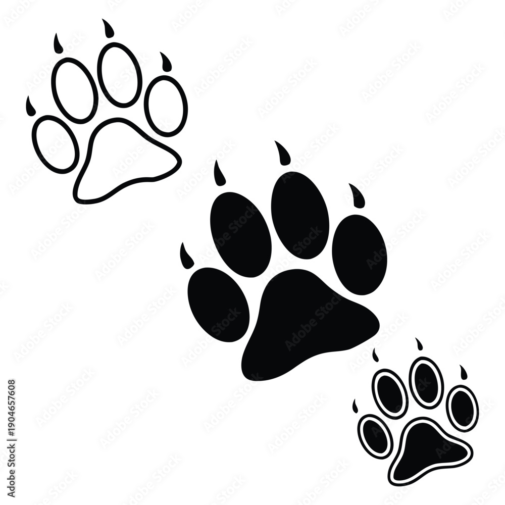 Fototapeta premium Vector Stylized Animal Paw Print Graphic Set - Three Variations.