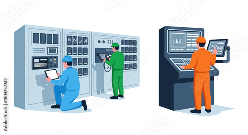 Technicians operating control panels and monitoring machines in an industrial setting.