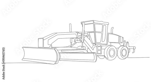 A detailed line drawing of a road grader, a heavy construction vehicle used for leveling surfaces.