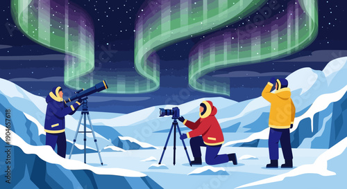 Three scientists observe the polar night sky with telescopes in snowbound mountains beneath the aurora.