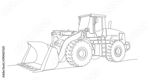 Detailed line art illustration of a heavy-duty front-end loader construction vehicle with a large bucket.
