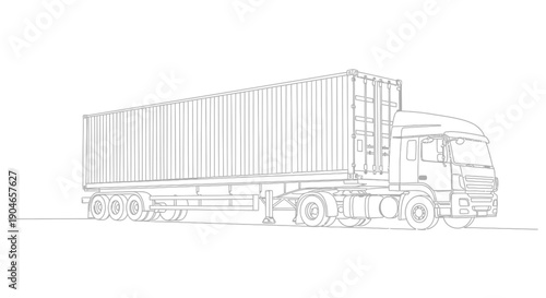 Line drawing illustration of a large semi-trailer truck carrying a shipping container, depicted from a side profile against a white background.