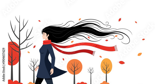 Stylized autumn scene with a woman walking amid colorful trees and falling leaves.