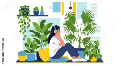 Calm indoor scene featuring a woman relaxing among colorful houseplants and lush greenery.