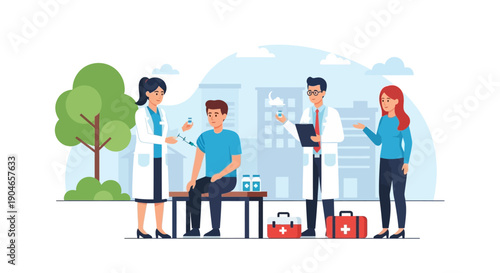 Group of scientists and researchers conducting an outdoor laboratory demonstration with instruments and devices.