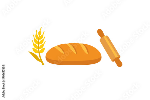 Fresh bread and wheat with a rolling pin on a clean white background showing the process of baking at home