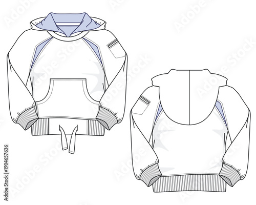 Kids raglan sleeve hoodies flat sketch vector mockup template technical illustration.