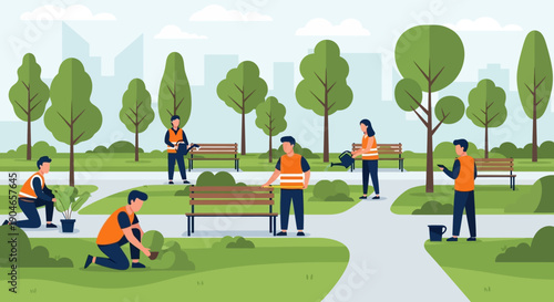 People gardening and enjoying a sunny day in a lush urban park setting.