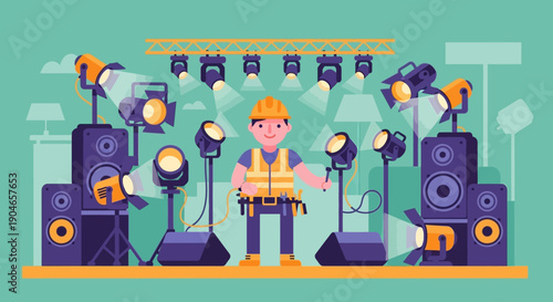 Construction worker on stage performing at a bright concert setup with stage lights and loudspeakers.