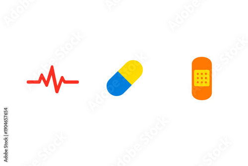 Symbols of health and medicine showing a heartbeat line, a capsule, and a bandage, representing different aspects of healthcare and wellness
