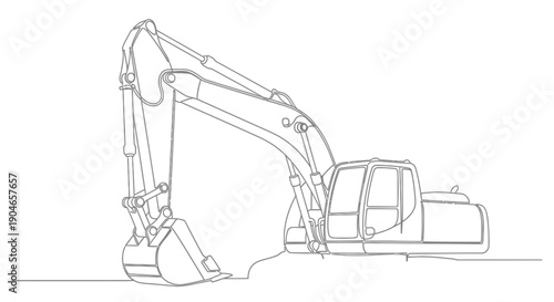 Line drawing of a heavy-duty excavator with a large bucket, poised for digging on a construction site.