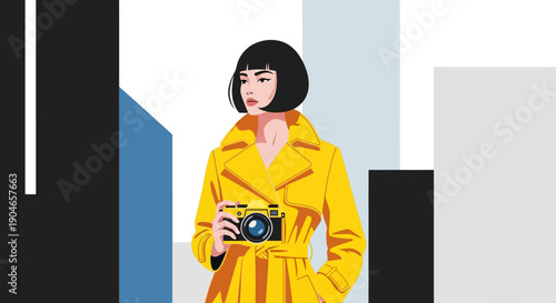 Portrait of a woman in a yellow coat standing on a city street with a camera and a stylish urban vibe.