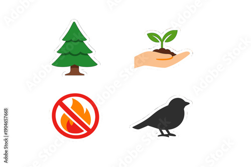 Different symbols representing nature, growth, fire prevention, and wildlife, likely aimed at promoting environmental awareness and protection efforts