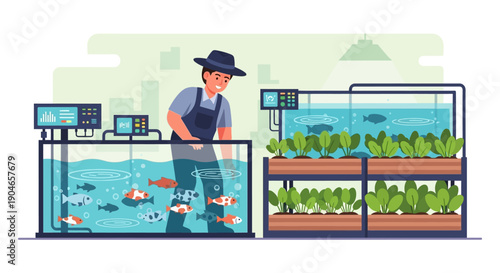 Fisherman inspecting multiple aquarium displays filled with aquatic plants and fish in a vibrant pet shop scene.