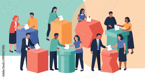 Group of Diverse People Gather Around Tables in a Colorful Modern Illustration.