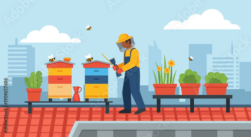 Rooftop beekeeping activity with hives and potted plants in an urban setting on an elevated garden.