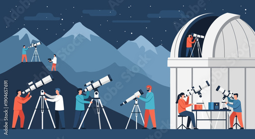 Nighttime observatory science crew with telescopes under starry mountainscape dome.