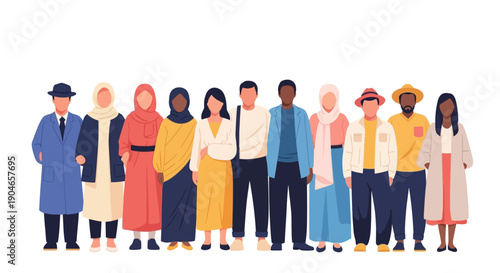 Brightly dressed diverse group of people standing together in a city street.