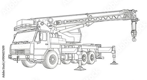 Detailed line drawing of a mobile crane truck with its boom extended and outriggers deployed, showcasing its mechanical components and structure.