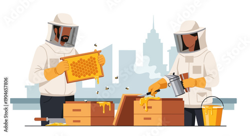 Two beekeepers in protective suits harvest honey from hive frames in an apiary setting.