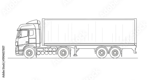 Line art illustration of a semi-trailer truck with a long cargo box, viewed from the side.