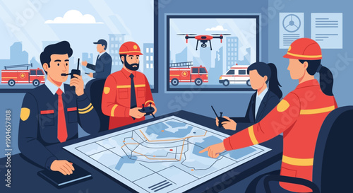 Construction planning meeting with engineers and workers reviewing blueprints at a job site.