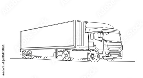 Line art illustration of a modern semi-trailer truck with a long cargo container, viewed from the side.