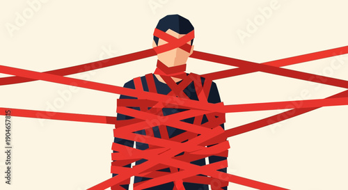 Abstract Portrait of a Man Entangled in Red Threads and Ribbon.