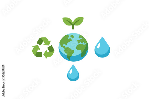 Environmental symbols show the need for sustainability and care for nature through recycling, water conservation, and plant growth