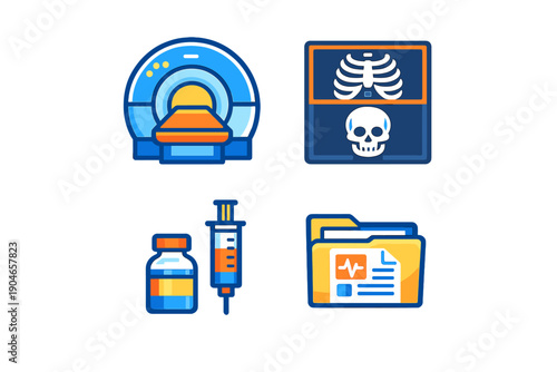 Medical equipment and items including MRI machine, X-ray of skull, syringe, and medicine bottles are displayed to show healthcare essentials