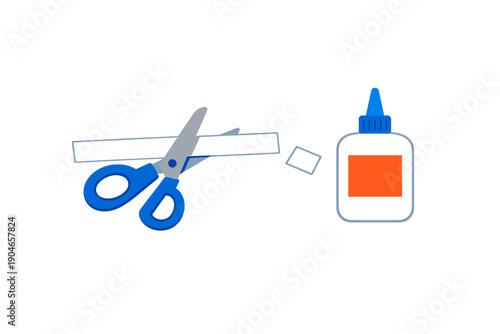 Scissors and glue bottle placed on table with paper strips for arts and crafts project under bright light