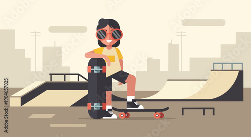 Young skateboarder taking a casual break at an urban skatepark with ramp and bench.