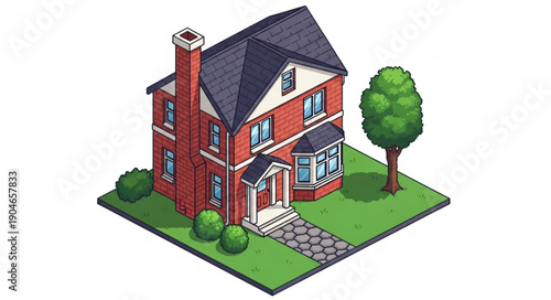 Isometric Red Brick House with Green Tree and Bushes.