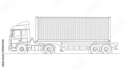 Outline drawing of a semi-trailer truck carrying a shipping container, viewed from the side.