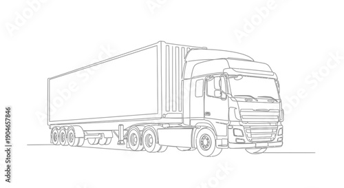 A detailed line drawing of a semi-trailer truck, showcasing its mechanical components and cargo container.