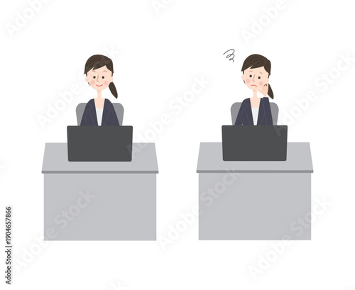 パソコンを使うスーツ姿の女性の表情セット