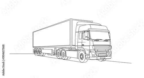 Line art illustration of a modern semi-trailer truck, showcasing its detailed structure and components.