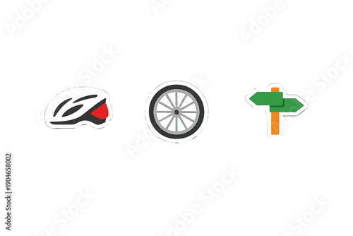 Different objects related to cycling are shown, including a helmet, wheel, and directional sign, indicating activities and safety for riders