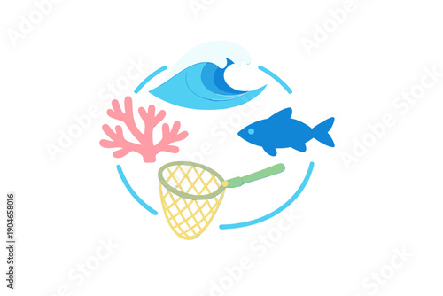 Ocean scene shows waves, a fish, coral, and a fishing net in a simple design showing underwater life and activities