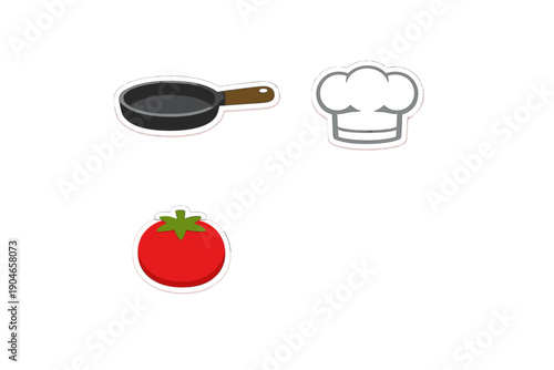 Cooking tools and ingredients showing a pan, a chef hat, and a tomato on a plain background
