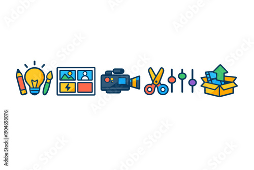 Creative tools for content creation shown in a clear arrangement with a light bulb, camera, scissors, sliders, and a box