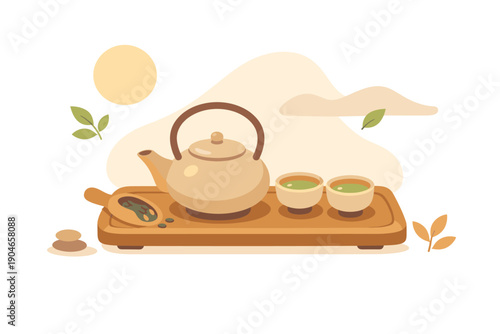 Set of a tea pot and two cups with green tea on a wooden tray with leaves and stones in a simple background during daytime