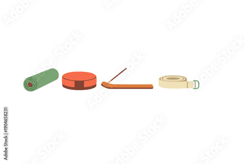 Camping gear includes a sleeping mat, cooking pot, camp tool, and strap for outdoor trips in nature during warm weather