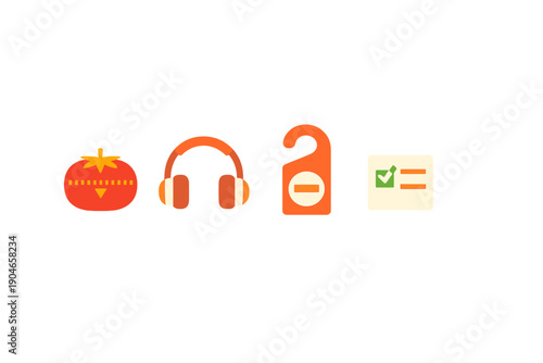 Different icons show a tomato, headphones, a do not disturb sign, and a checklist in a simple design