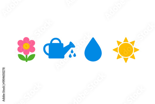Flower, watering can, droplet, and sun symbols show elements of gardening and plant care throughout different times