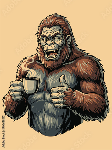 Bigfoot Enjoying a Hot Cup of Coffee and Giving Thumbs Up.