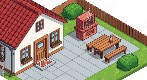 Isometric view of a suburban house backyard with barbecue and picnic table.