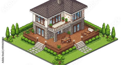 Isometric View of a Modern Luxury House with Deck and Garden.