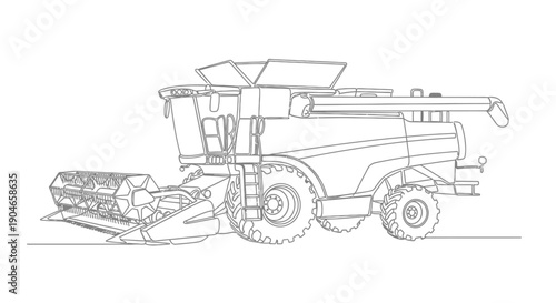 Line art illustration of a modern combine harvester, an agricultural machine used for harvesting crops.