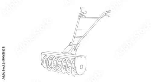 Line drawing illustration of a snow blower machine with handles and an auger for winter clearing.